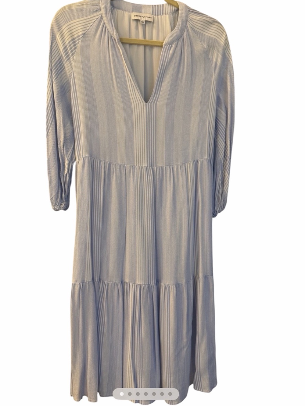 Gibson & Latimer dress blue and white striped w/ tiered, ruffled body Sz M